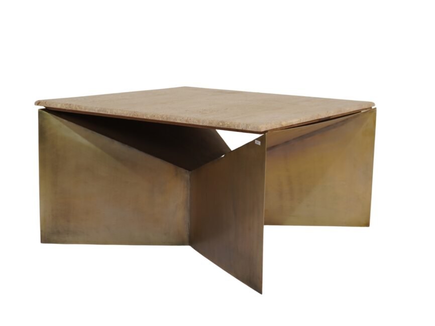 Iron angular coffee table with Italian travertine stone top