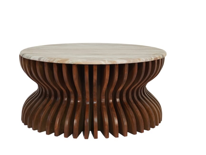 Wooden curved multi panel design round coffee table with marble top
