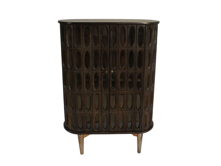 Wooden oval carved 2 door cabinet with glass doors
