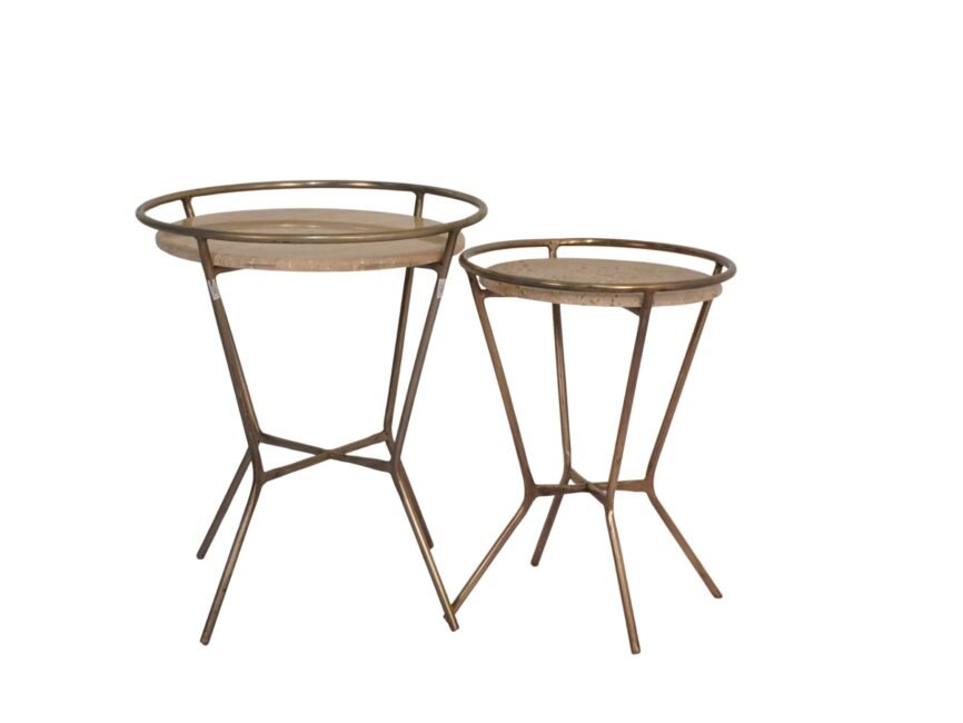 Iron forged ring design set of 2 tables with Italian travertine stone top