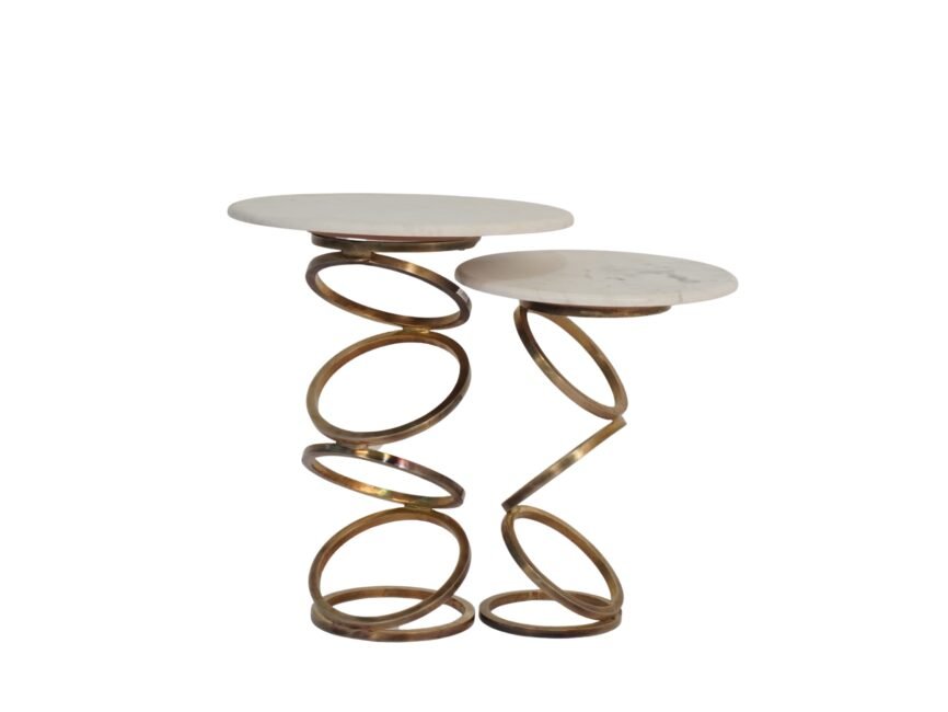 Iron forged multi ring design set of 2 tables with marble top