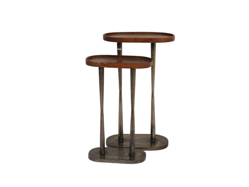 Iron forged oval set of 2 tables with wood top