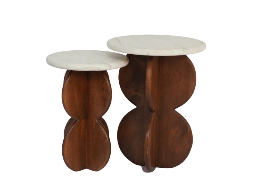Wooden curved design set of tables with marble top