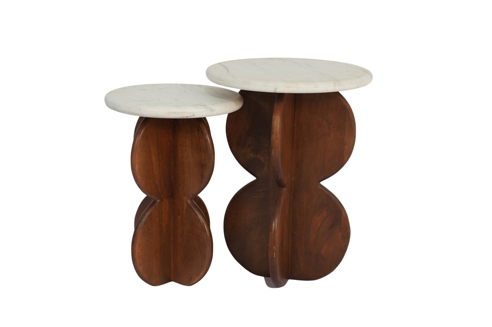 Wooden curved design set of tables with marble top