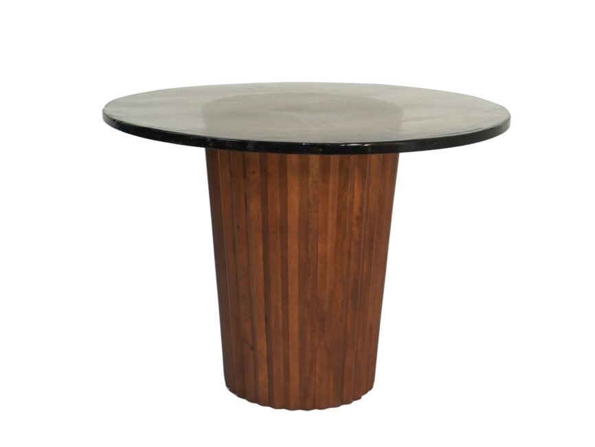 Wooden pillar design dining table with thick casted glass top