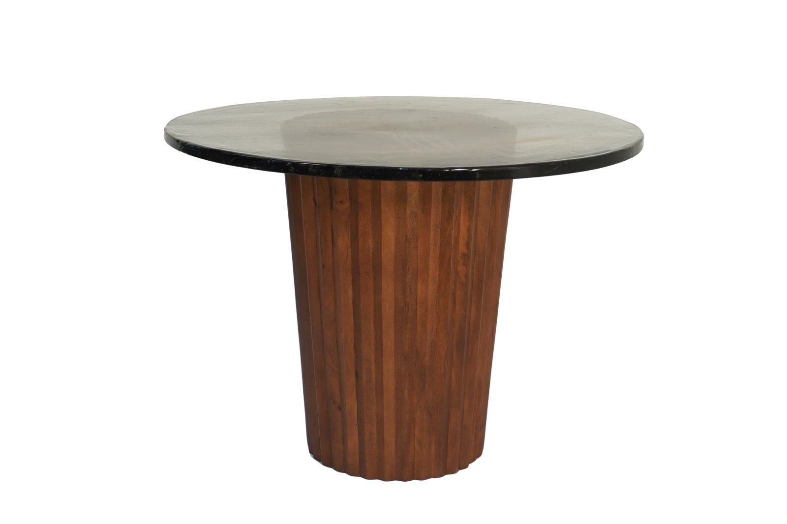 Wooden pillar design dining table with thick casted glass top