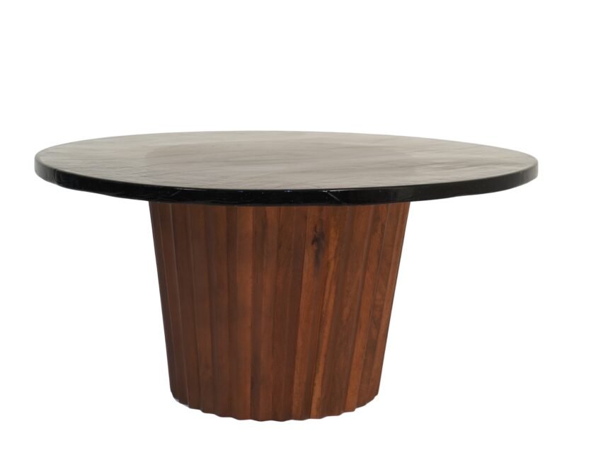 Wooden striped base coffee table with casted thick glass top