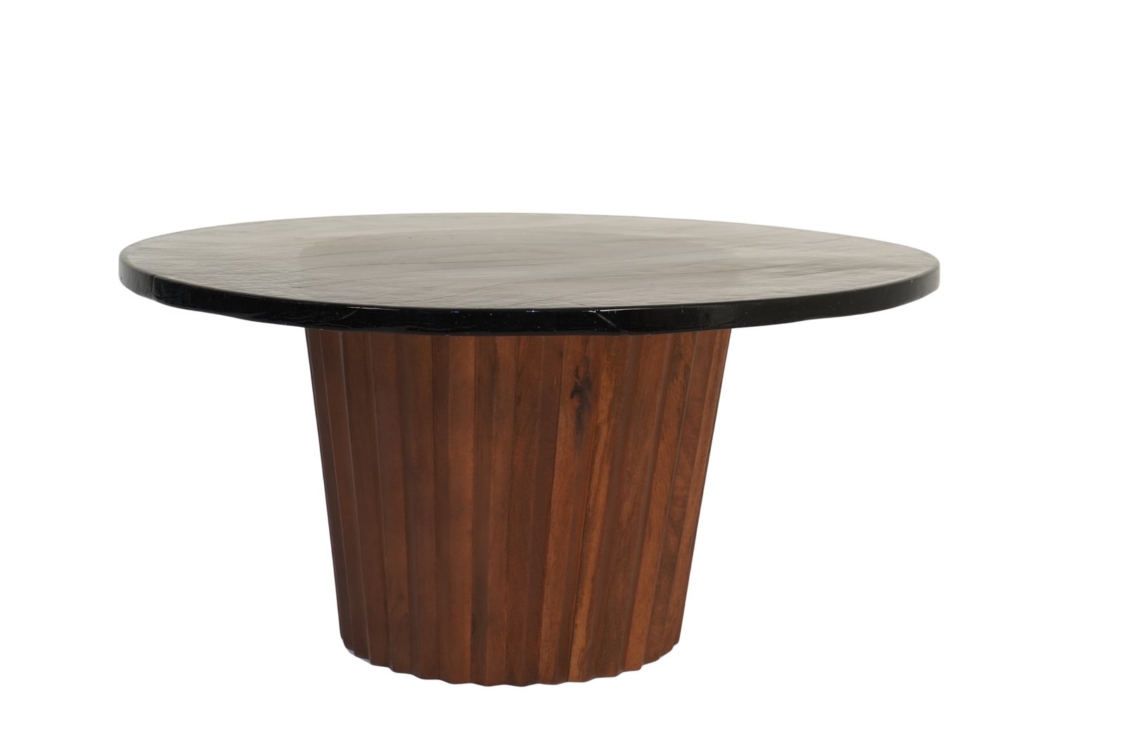 Wooden striped base coffee table with casted thick glass top