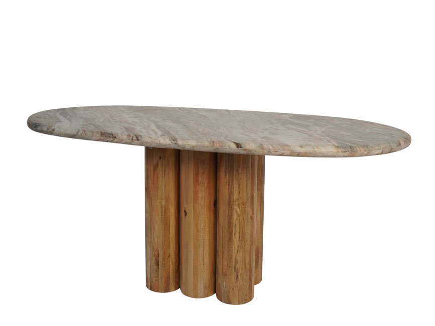 Wooden 6 pillar base capsule shape dining table with thick marble top