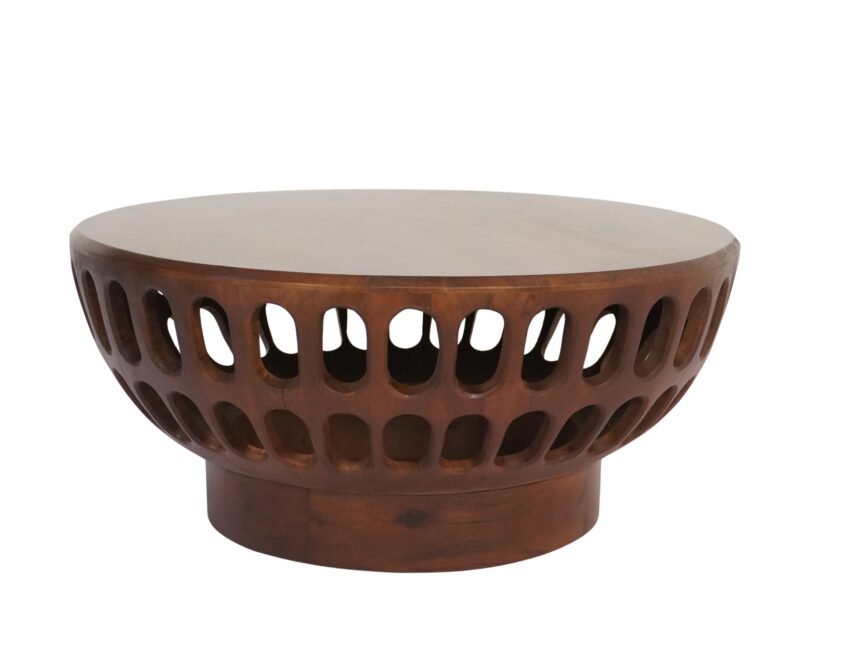 Wooden round coffee table with oval cut out design