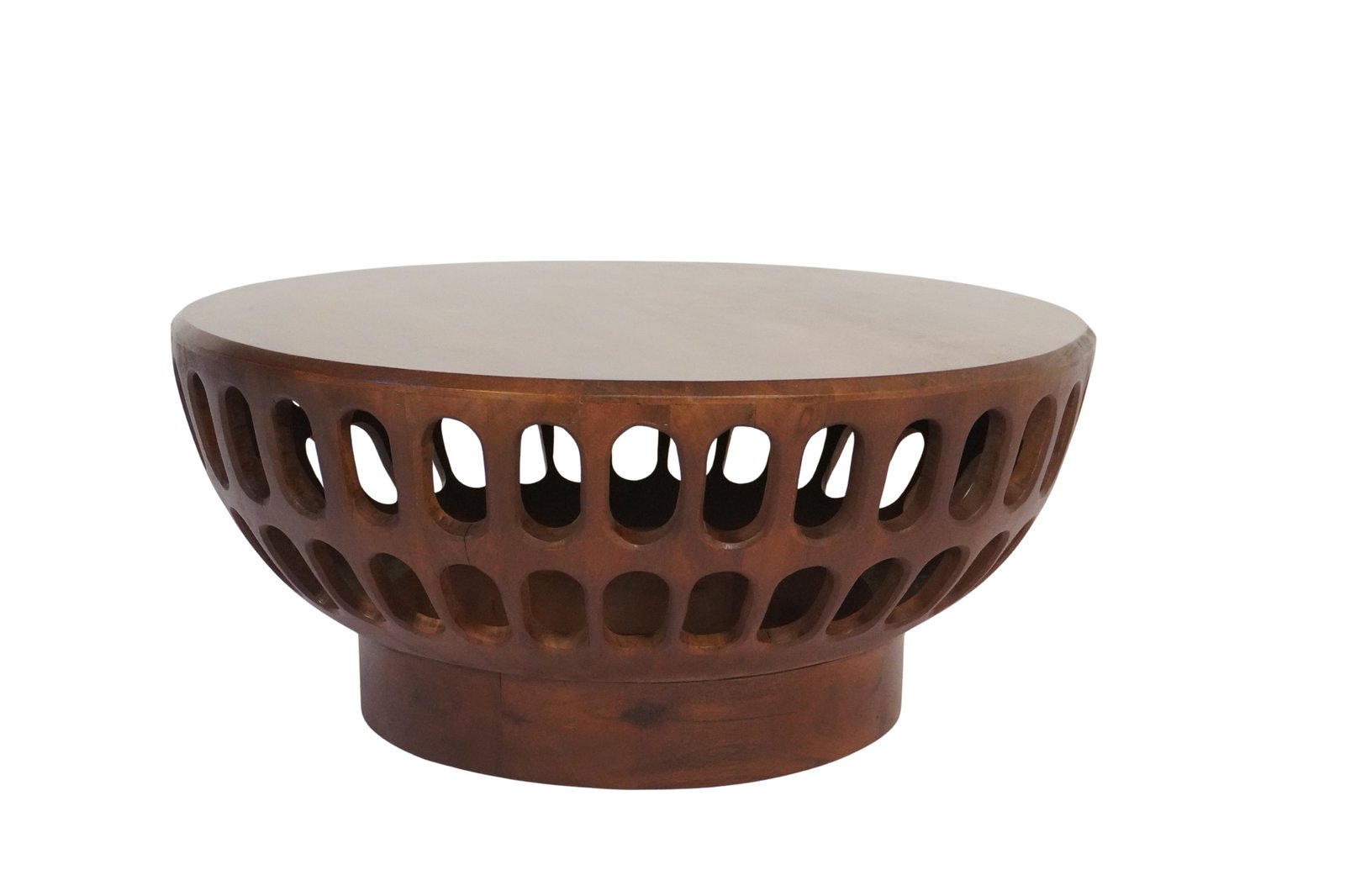 Wooden round coffee table with oval cut out design