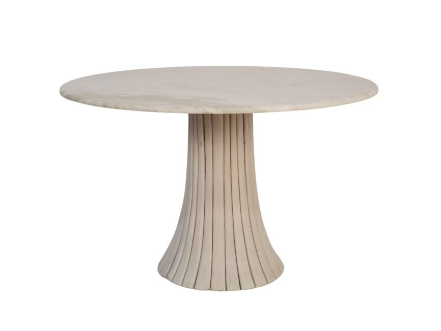Wooden curved scallop design base dining table with white onyx marble top