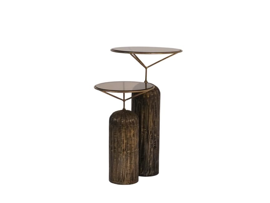 Wooden brass cladded set of 2 tables with glass top