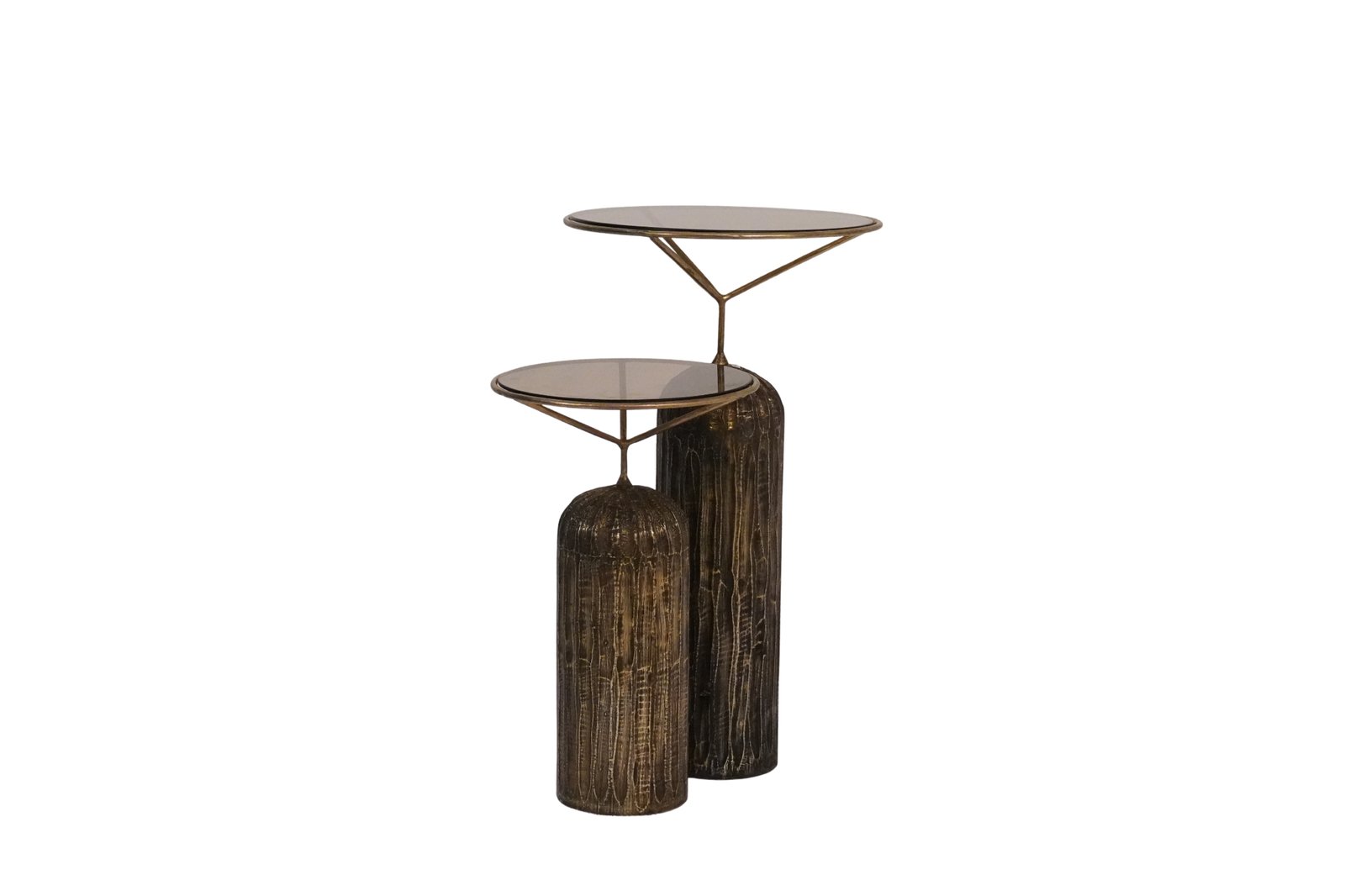 Wooden brass cladded set of 2 tables with glass top