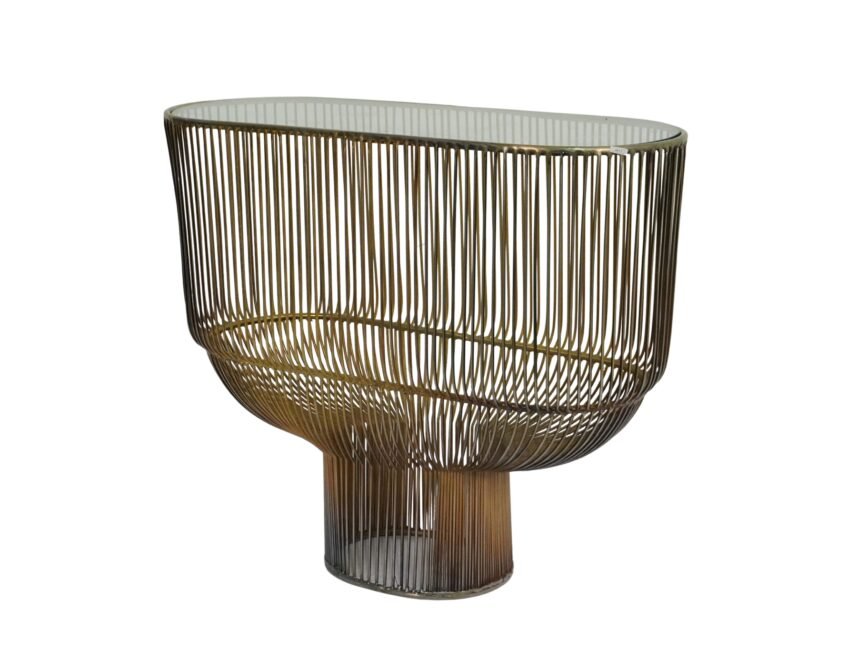 Iron capsule shape wire design console with glass top