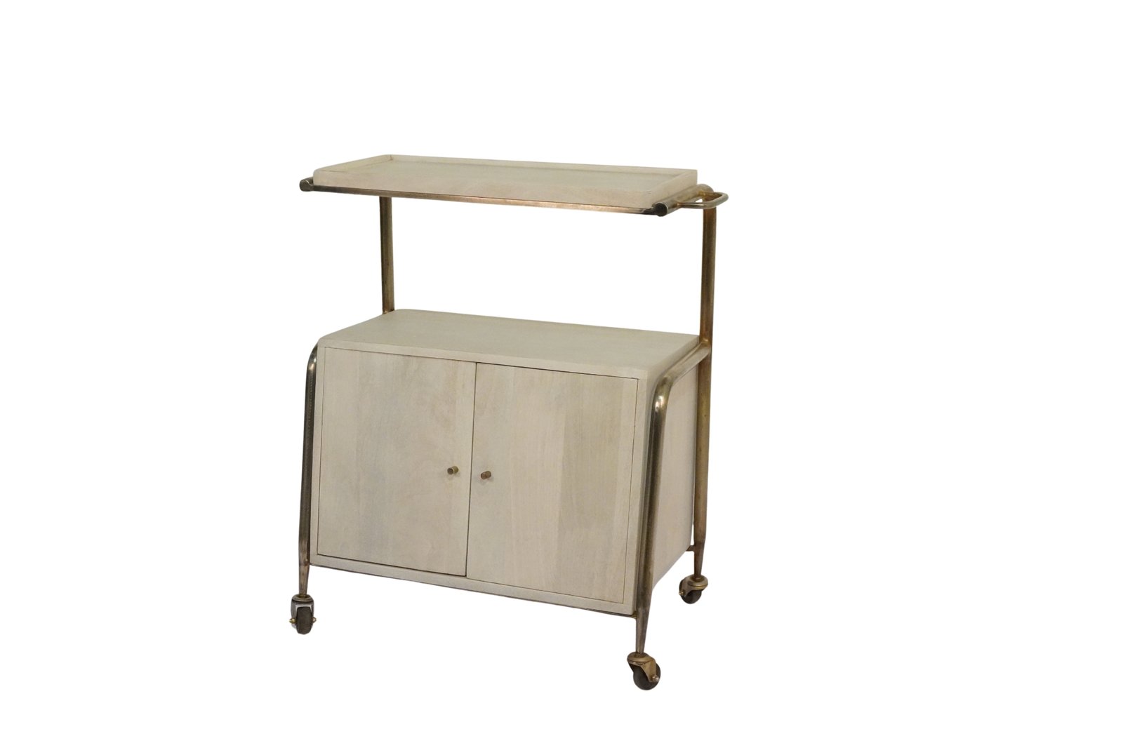 Iron trolley with wooden cabinet and shelf