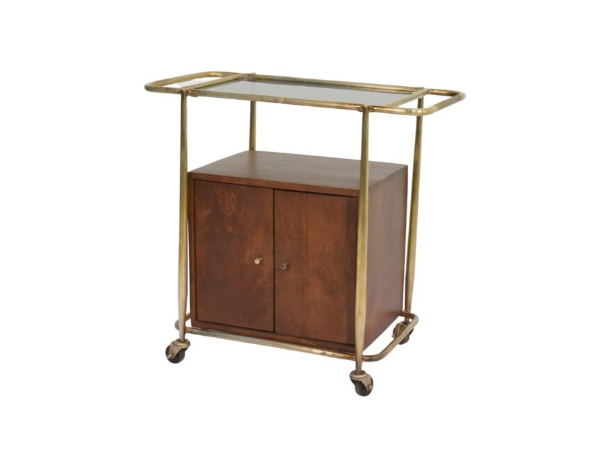 Iron trolley with wooden cabinet and brown glass top