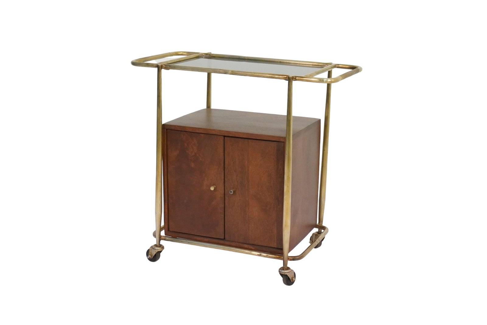 Iron trolley with wooden cabinet and brown glass top