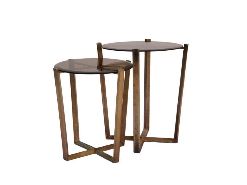 Iron hexagonal design set of 2 tables with glass top