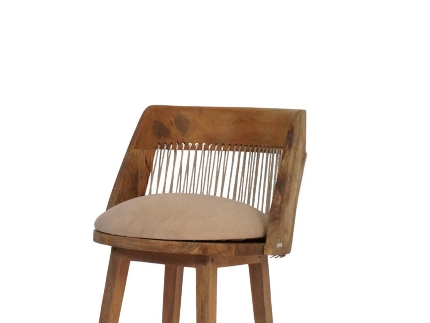 Wooden chair with threaded back and fabric seat