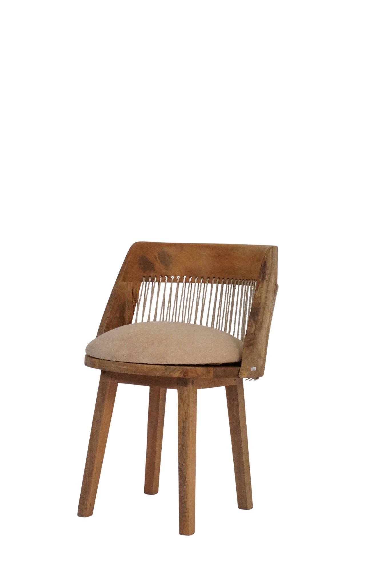 Wooden chair with threaded back and fabric seat