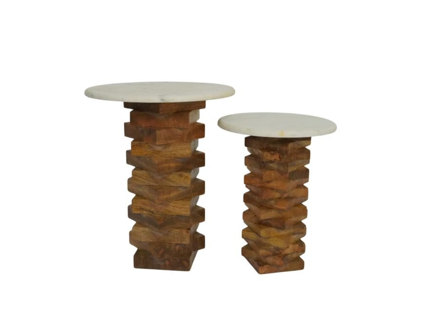 Wooden square plank design set of 2 tables with marble top