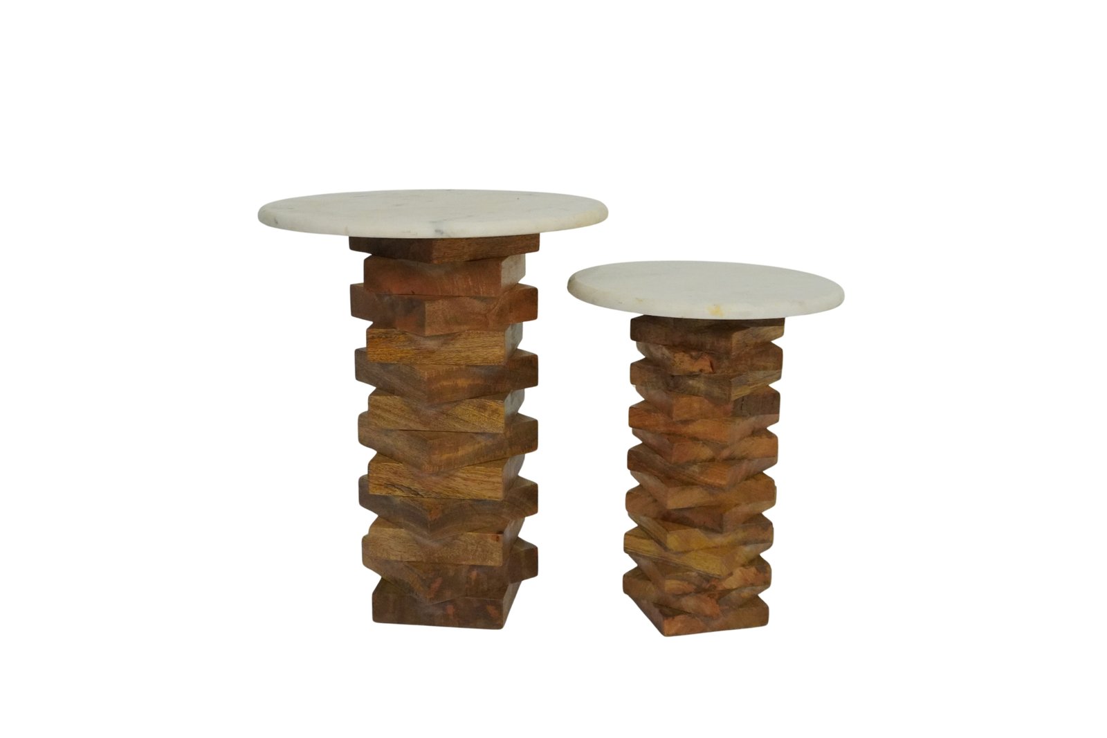Wooden square plank design set of 2 tables with marble top