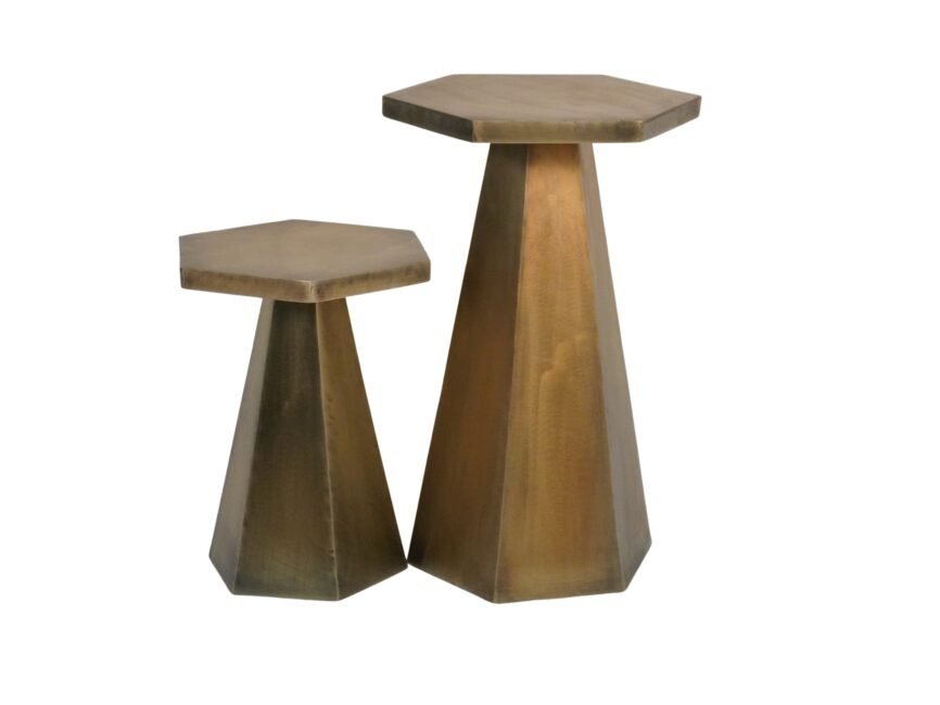 Iron hexagonal design set of 2 tables with wood top