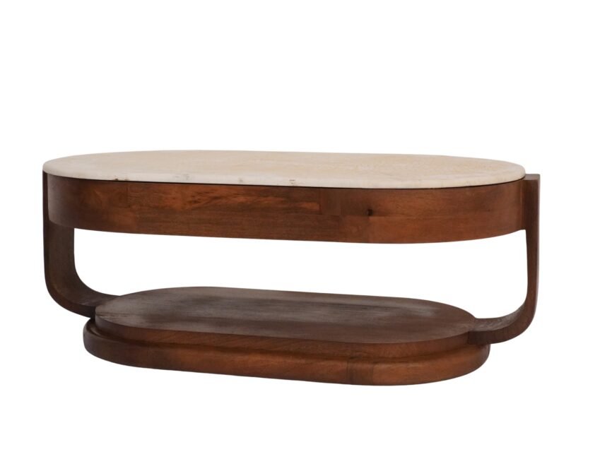 Wooden deco coffee table with hammered design marble top