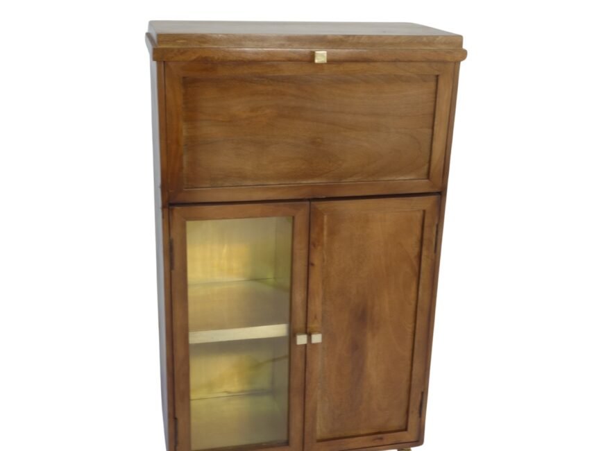 Wooden cabinet on wheels with folding shelf