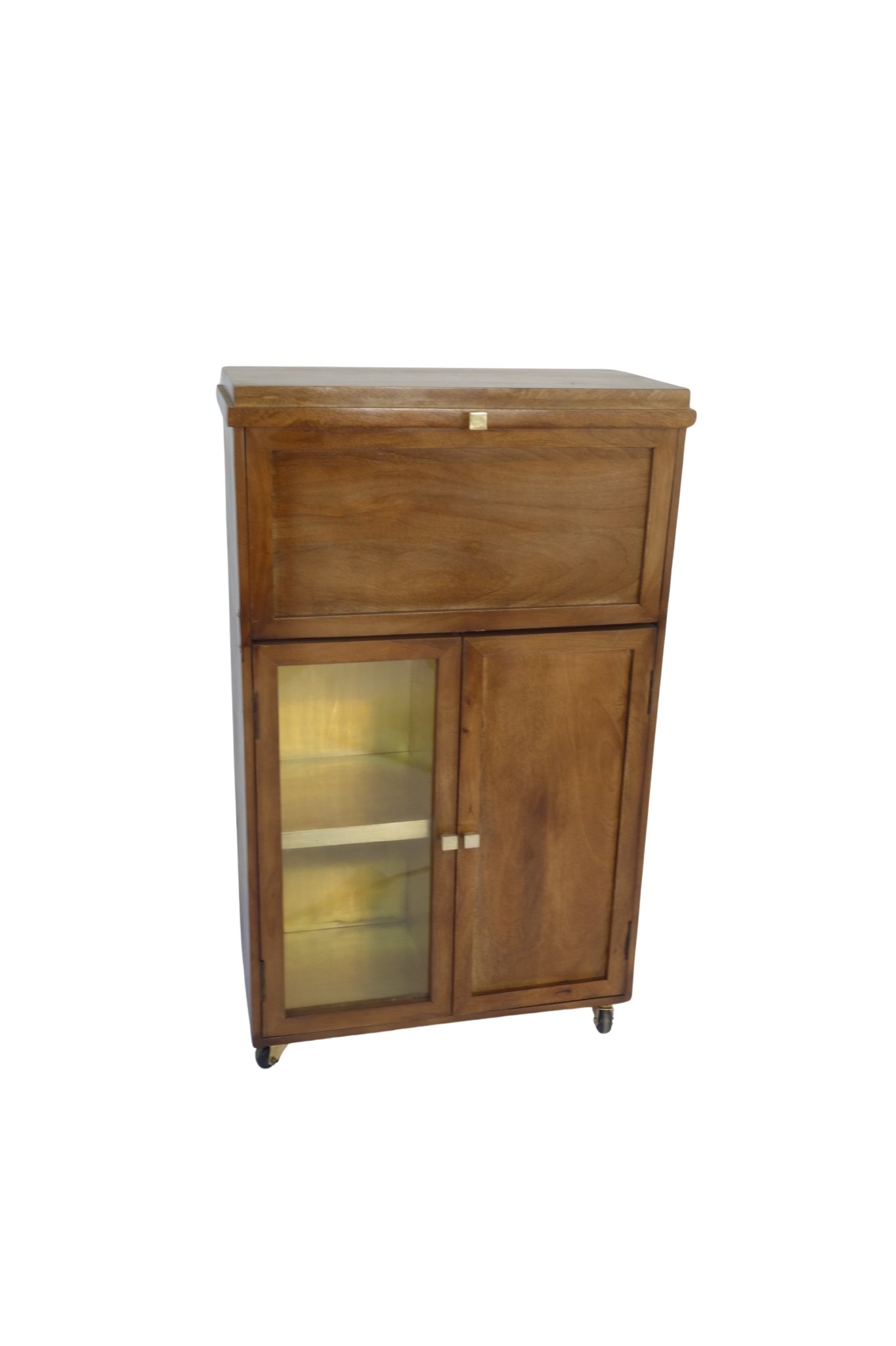 Wooden cabinet on wheels with folding shelf