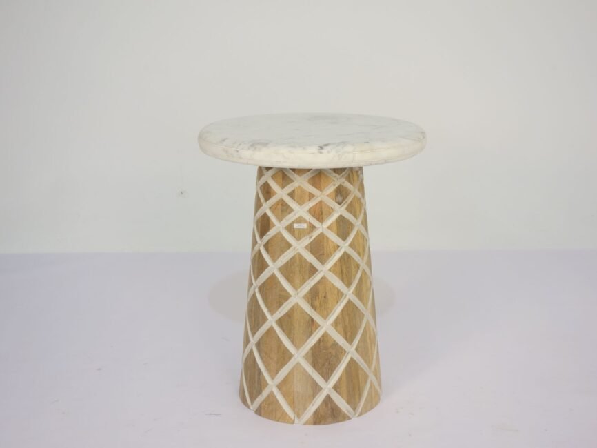 Wooden diamond carved side table with rounded edge marble top