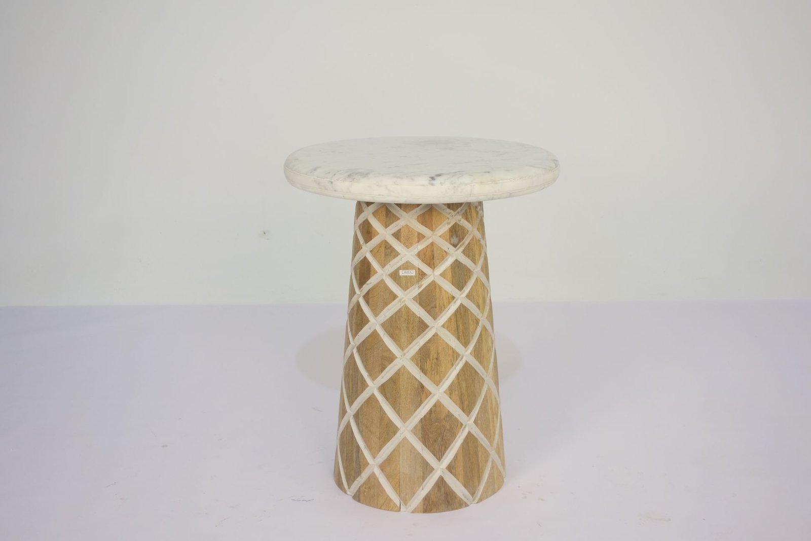 Wooden diamond carved side table with rounded edge marble top