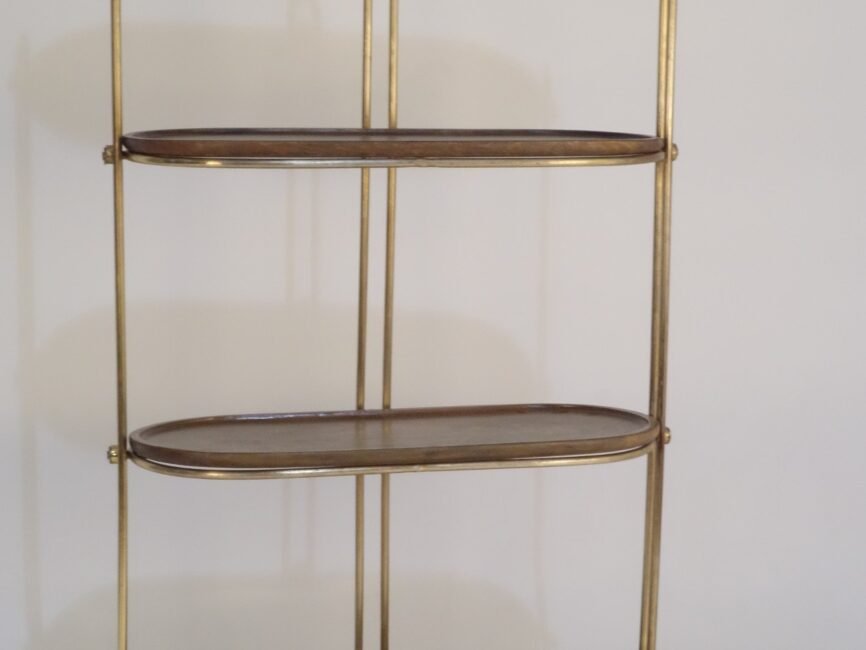 Iron tall forged shelf with carved oval wooden tops