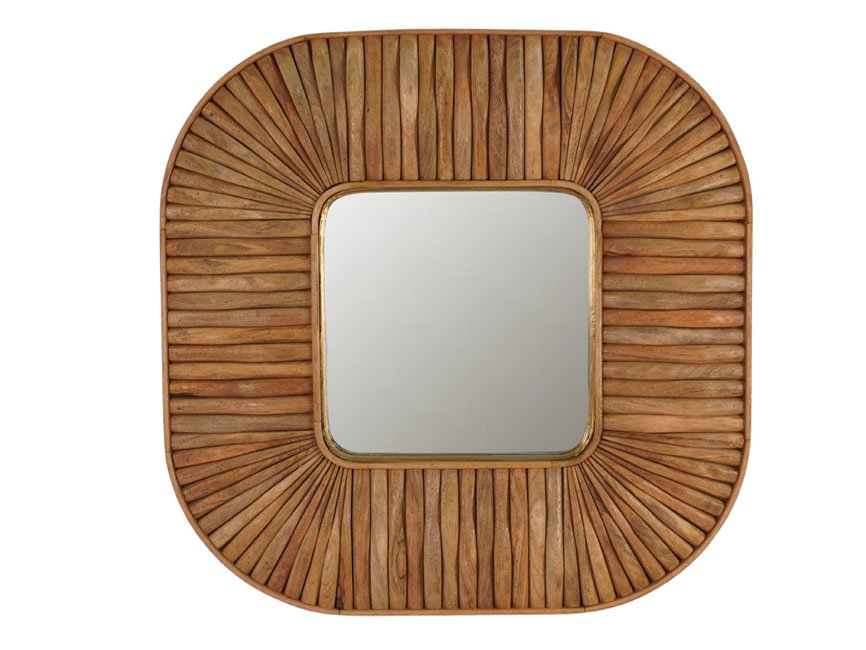 Wooden square striped design mirrorwith brass cladded edges