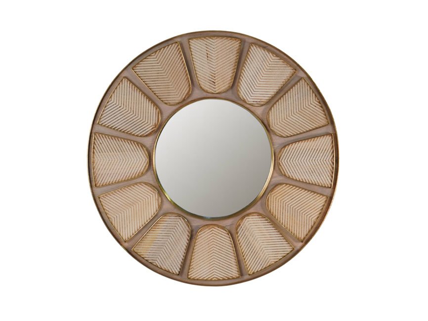 Wooden carved tile design round mirror with brass cladded edges