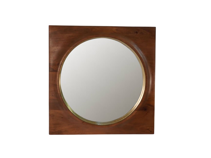 Wooden square mirror with curved design and inside edge brass cladded