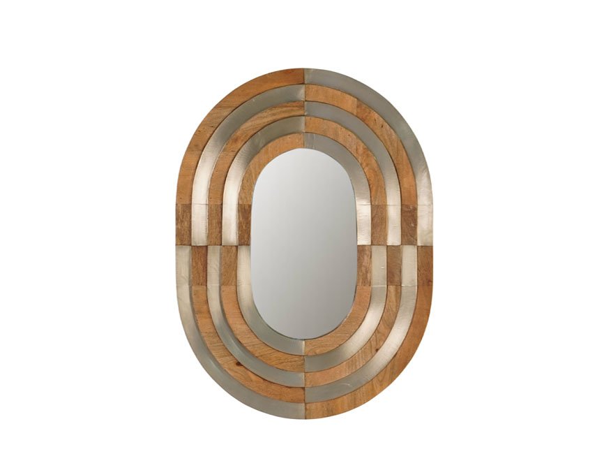 Wooden oval mirror with horseshoe metal cladding