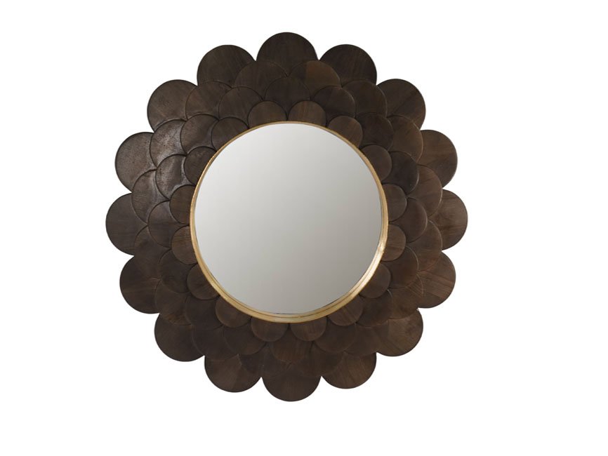 Wooden round 3 step flower design mirror with brass cladded edge