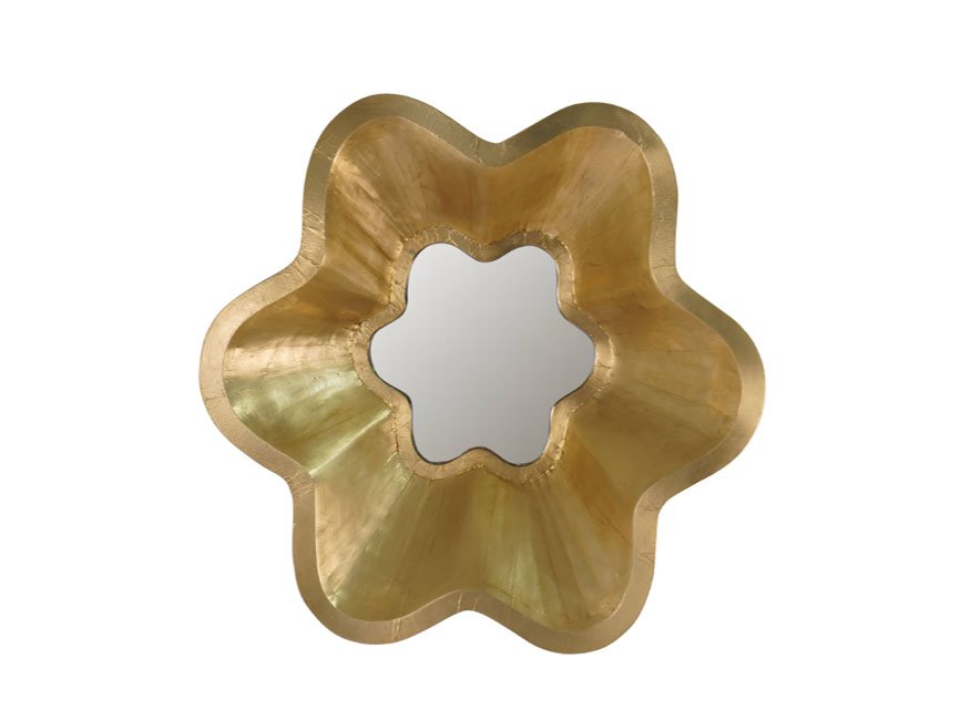 Wooden carved abstract flower design mirror with brass cladding