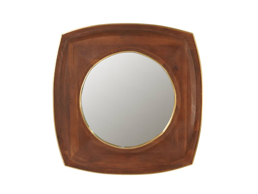 Wooden carved square disc mirror with brass cladded edge