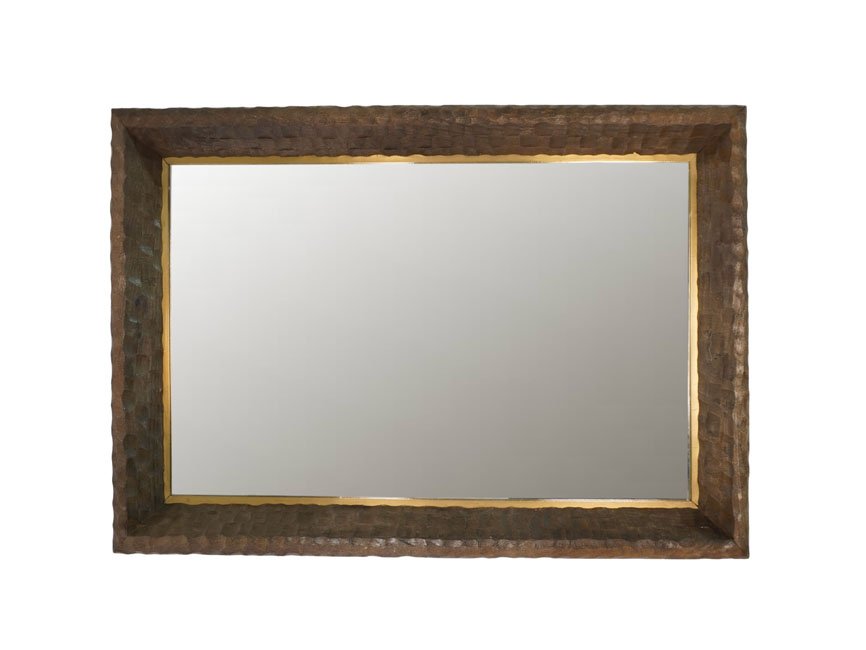 Wooden hammered inside taper design mirror with brass cladded edge