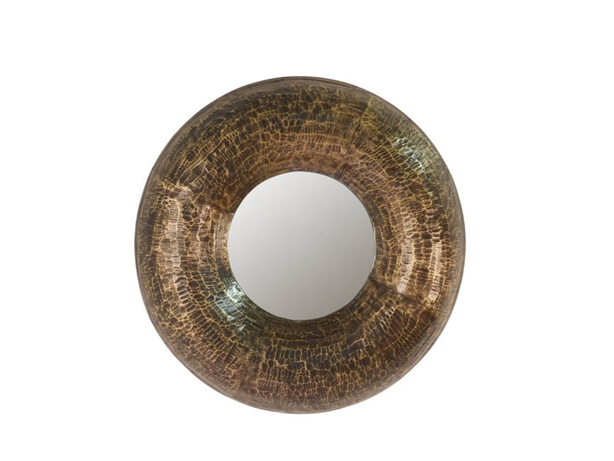 Wooden hammered disc design brass cladded mirror