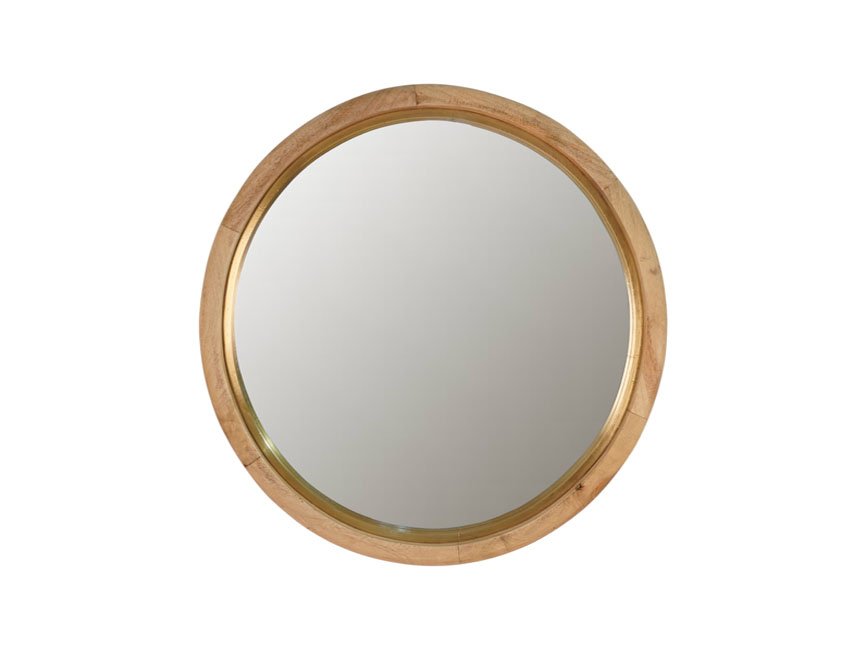 Wooden round deep mirror with brass cladded edge