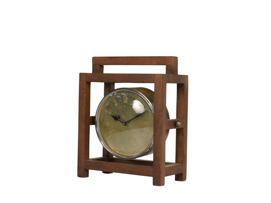 Iron clock in wooden square frame