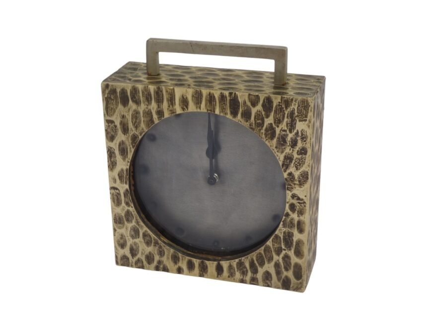 Wooden Square clock with hammered brass sheet and metal handle