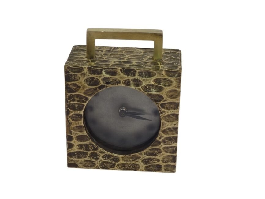 Wooden Square clock with hammered brass sheet and metal handle