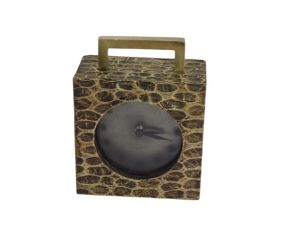 Wooden Square clock with hammered brass sheet and metal handle